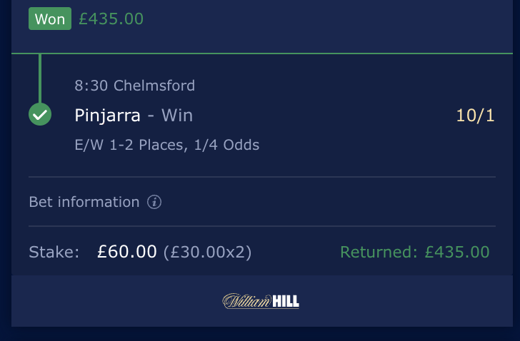 Pinjarra 10/1 Winner £435.00